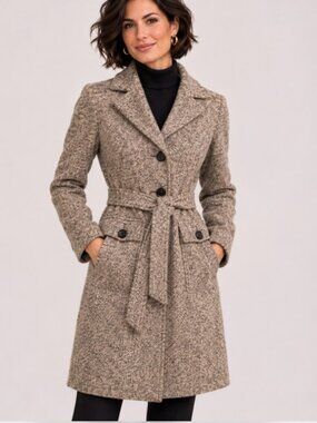 LOFT Women's Beige Tweed Wool Blend Belted Trench Coat